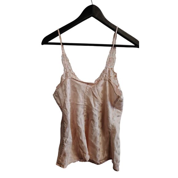 Vintage Silkscreen Large 100% Silk Heart Print Pink Lace Strap Women's Camisole - Picture 2 of 6